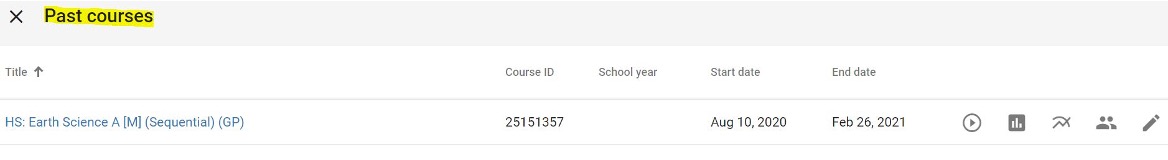 in this view past courses window, one course, HS: Earth Science A, is listed as a past course.