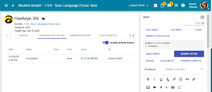 A sample student, Abi Hawkeye, is selected and this screen shows grading for a quiz, Language Focus.