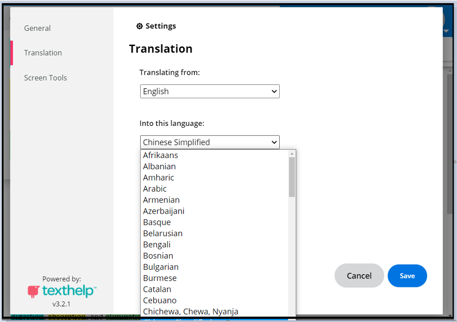 the translation tool open with several language choices listed