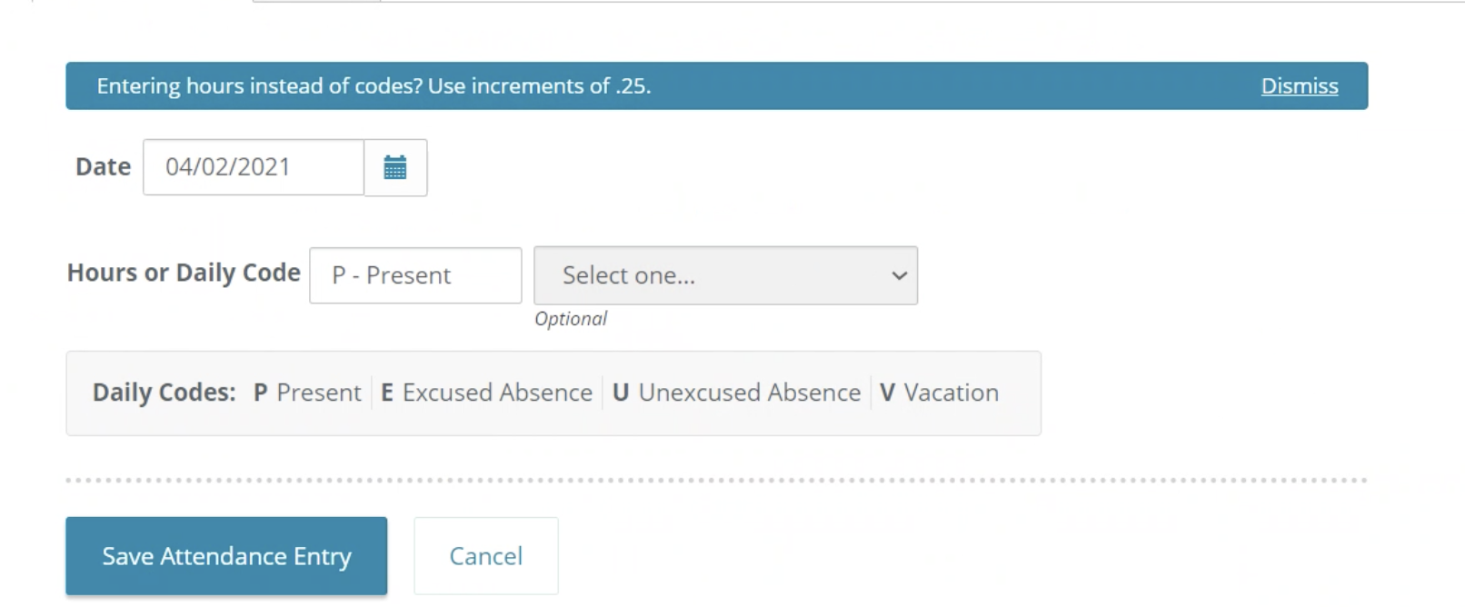 Screenshot of the Save Attendance Entry button.