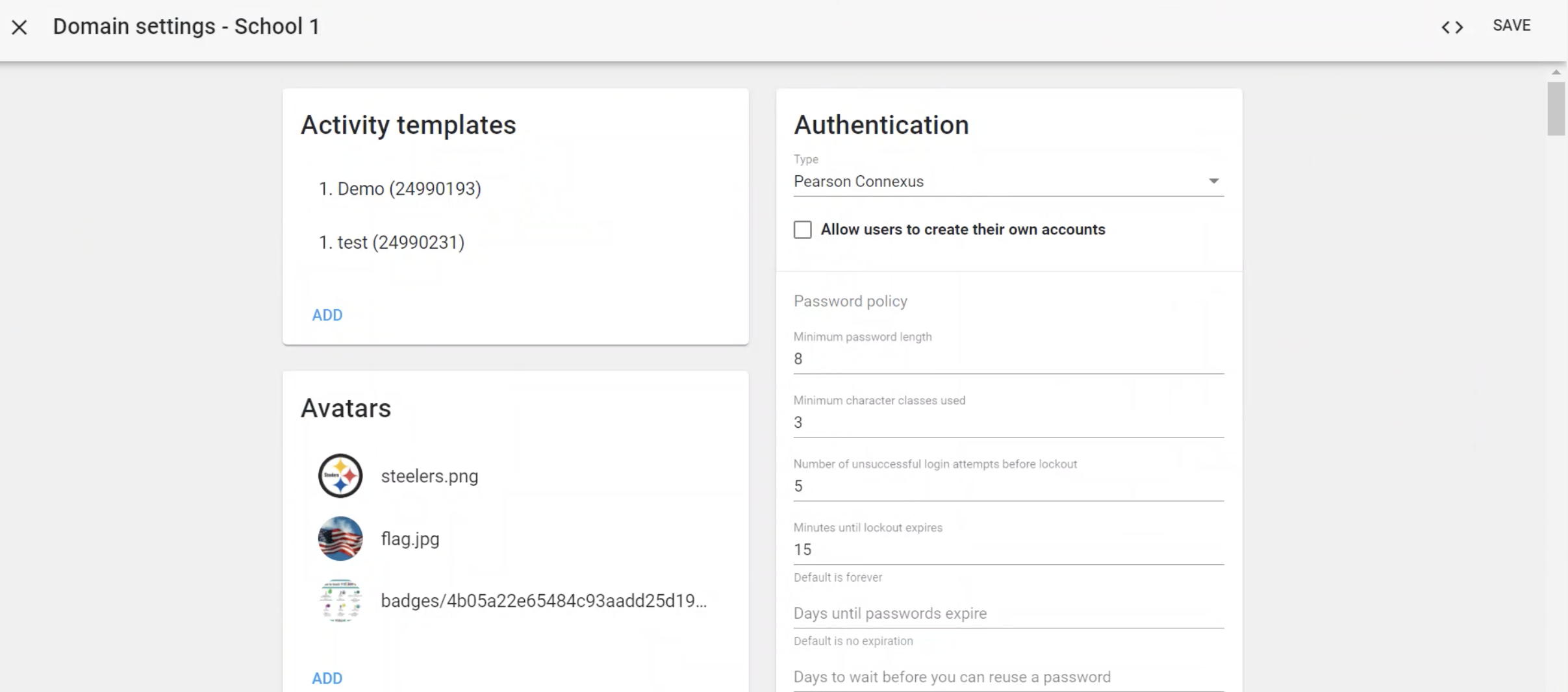 activity templates, avatars, and authentication cards display in the settings screen