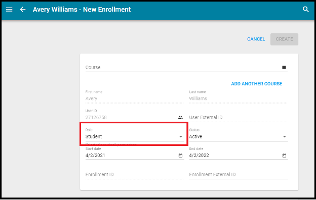 Role dropdown highlighted in the New Enrollment window.