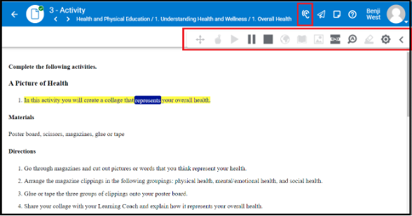an activity page is open with the text to speech tools highlighted
