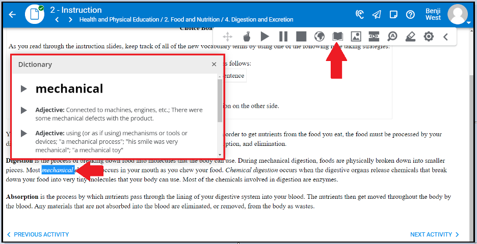 the dictionary window displaying a definition of mechanical