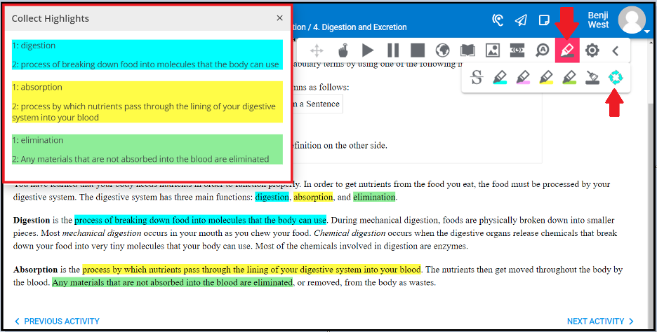 an users screen with highlighted text