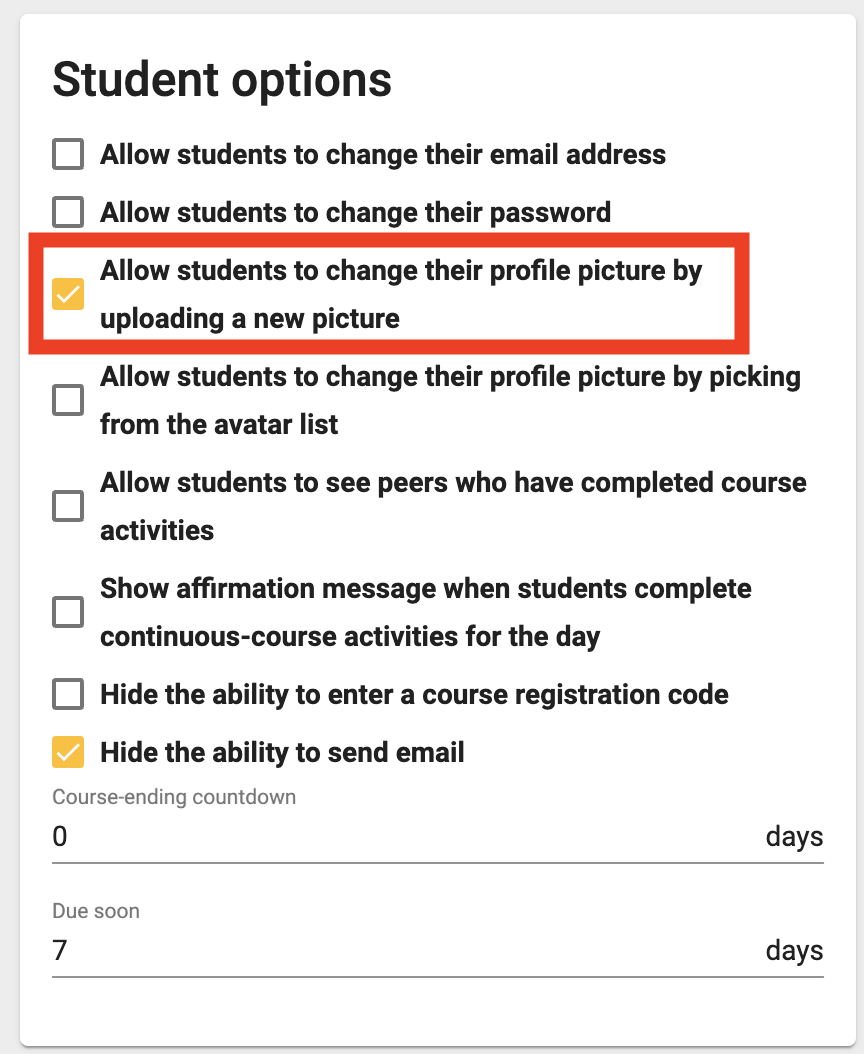 the allow students to change their profile picture by uploading a new picture checkbox highlighted.