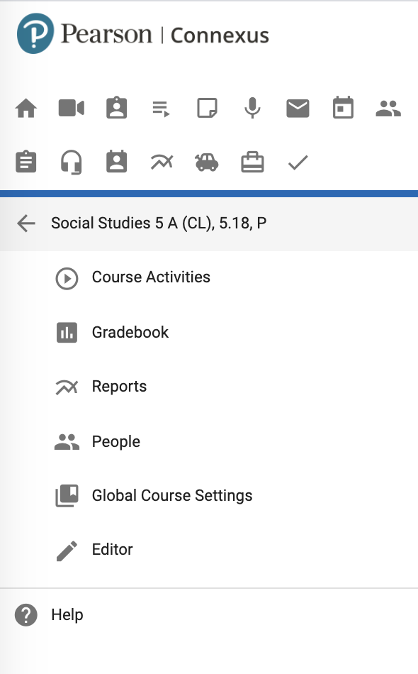 The options listed above are displayed in the toolbar for a Social Studies 5a course.