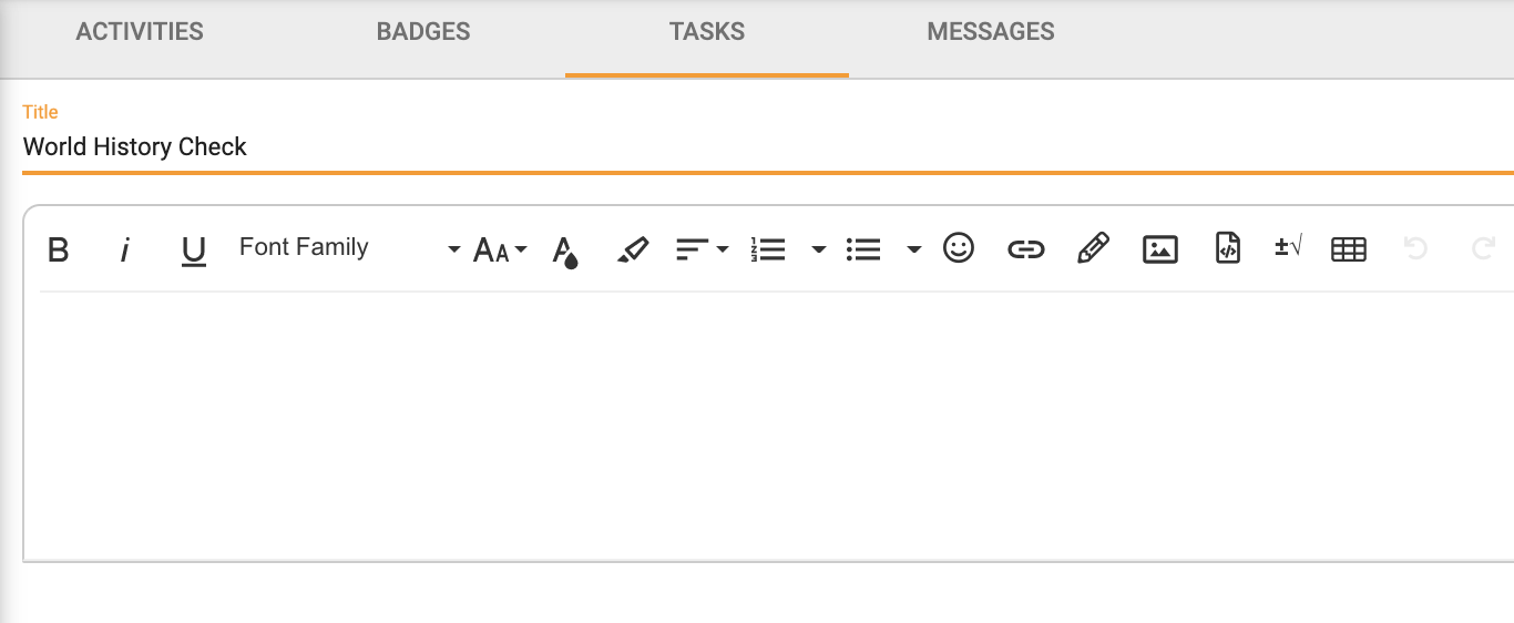 The tasks screen prompts users to add a title for the task and provides a rich text editor for creating the task.