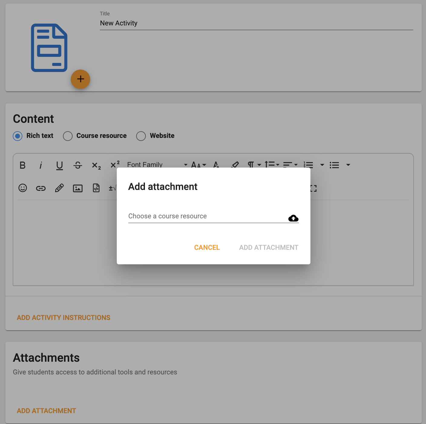 A sample window showing the add attachment popup that prompts you to choose a course resource