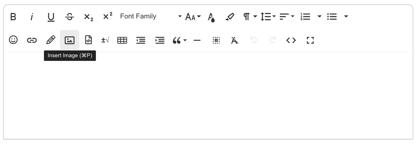 the rich text editor with the insert image icon highlighted. the insert image icon is a picture of a mountain with the sun over it and is the fourth image from the left in the rich text editor toolbar.