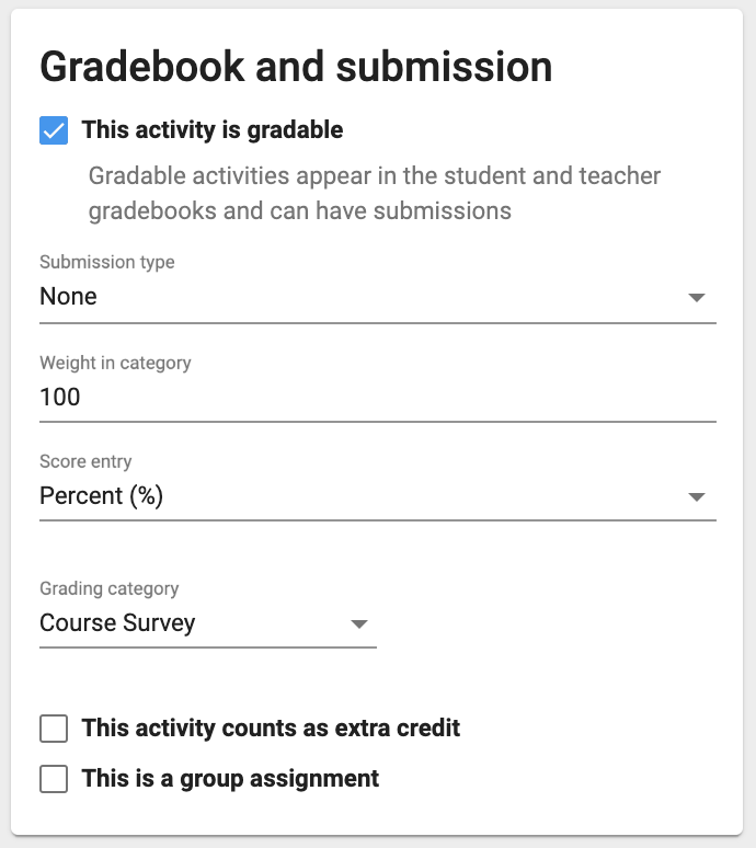 The gradebook and submission window shows the gradable checkbox checked. Prompts users for submission type, weight in category, score entry, grading category, and options to mark the activity to count as extra credit, or to make it a group assignment.
