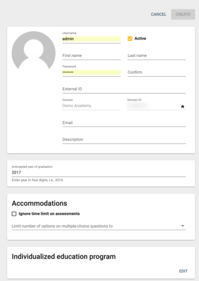 the new user popup window highlighting the username and password.