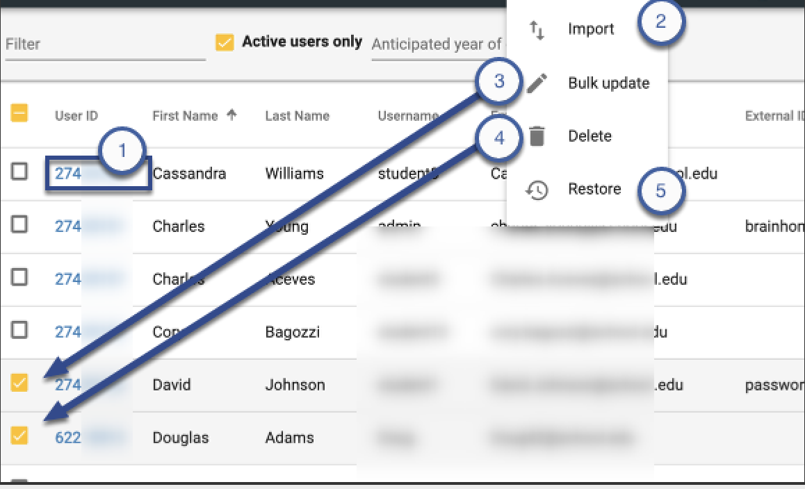 the manage existing users screen open with the more menu open, showing where to import, bulk update, delete or restore users.