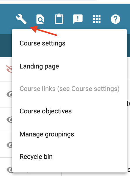 The tools icon is highlighted, with course links, see course settings, highlighted.