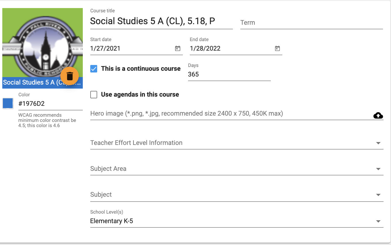 Sample social studies course is open, with a check next to This is a continuous course.