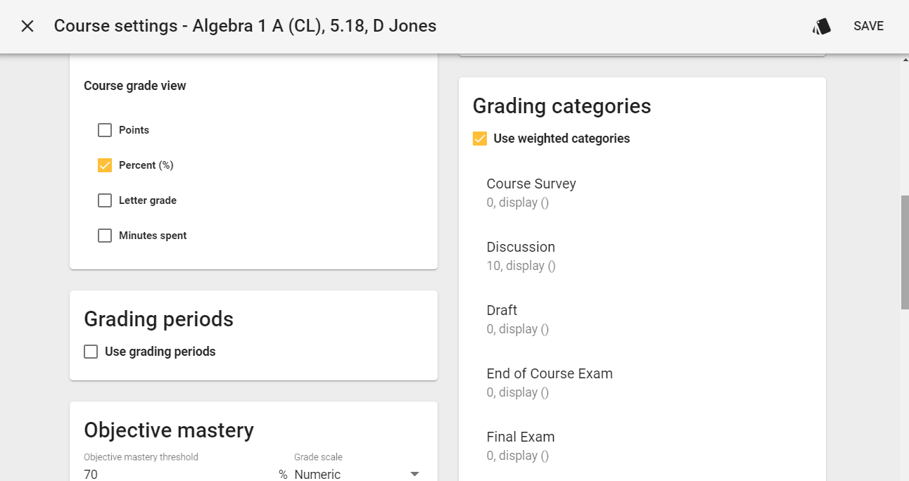 Sample screen of the course settings window for an Algebra 1 course with percent and use weighted categories selected.