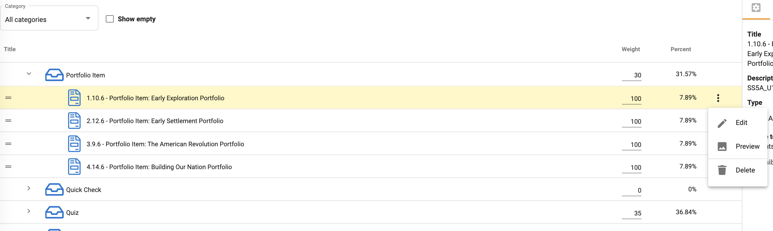 Sample syllabus with an open portfolio foler displaying weight and percent for each item, with an option to edit, preview or delete.