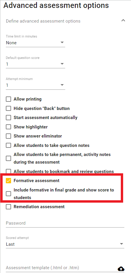 Sample window of the advanced assessment options screen, showing the formative assessment box checked, and an option to include formative in final grade and show score to students.