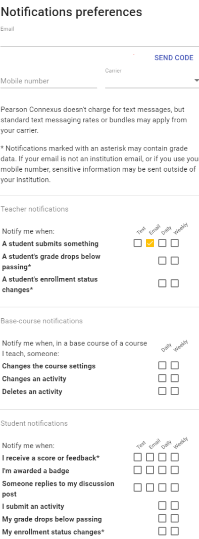 The Notifications preferences window prompts users for their email and mobile numbers, and asks if parents want notificaftions when a student submits something, a student's grade drops below passing, and a student's enrollment status changes. It can also notify teachers when there are changes to course settings, changes to an activity, or if someone deletes an activity. For student notifications, they can select to be notified when receiving a score or feedback, when they receive a badge, when someone replies to their discussion post, when they submit an activity, if their grade drops below passing, or when their enrollment status changes.