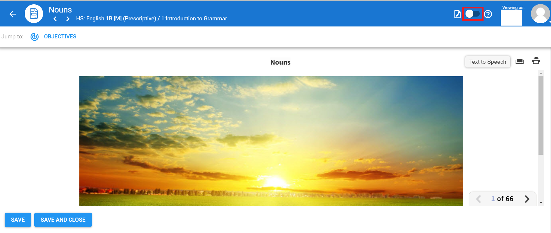 A sample lesson on Nouns displays for and ENglish 1 class, and the enable browse icon in the upper right is highlighted to show users how to enable this function.