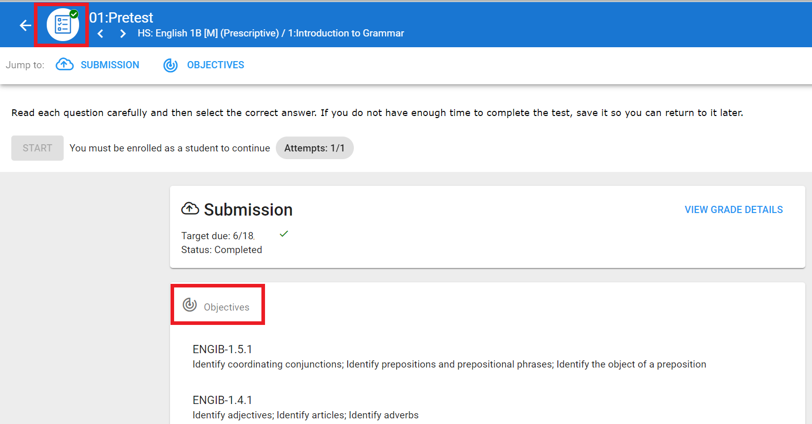 A sample pretest is displayed and shows the checkmark in the upper left that indicates it is complete.