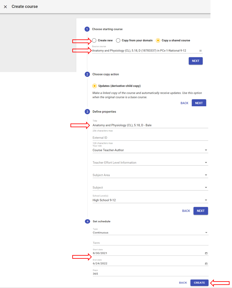 The create course window highlighting the option to create new, copy from your domain, and copy a shared course, with copy a shared course selected and the source course name displaying below those options.