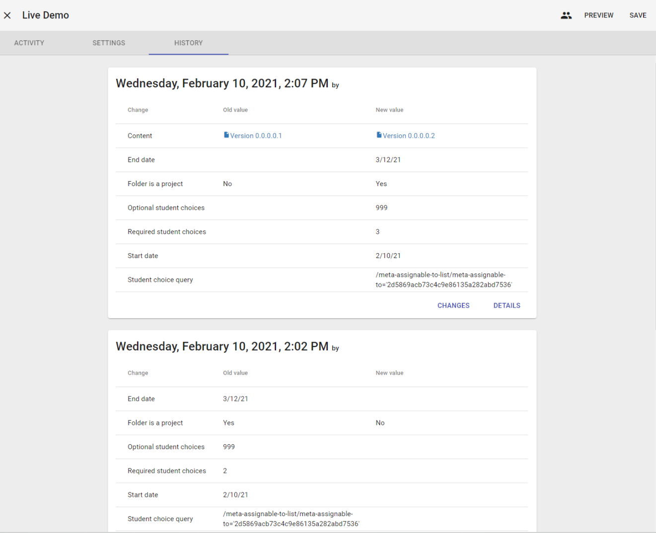 Sample of the history tab with dates listed when changes occurred.