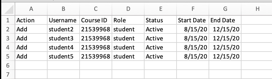 Image of the Batch enroll users csv sheet.