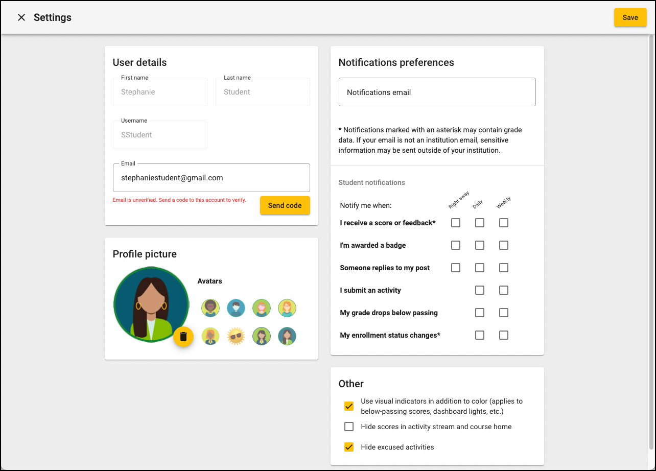 Image of the User Settings screen