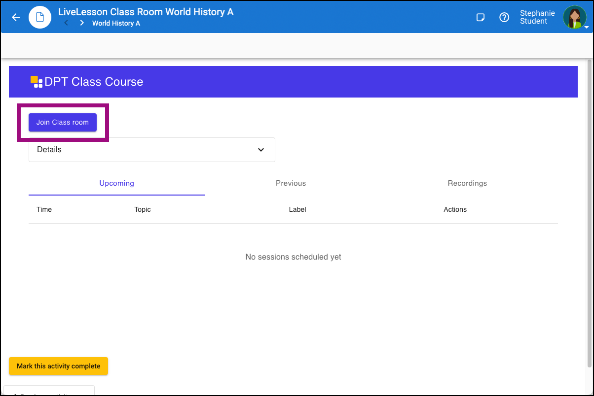  Screen capture of a Class Course page.  THe Join Class room button is highlighted