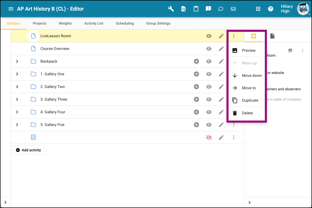 screenshot of the course editor.  The More menu for the recently created activity is open and displays the options for moving the activity. 