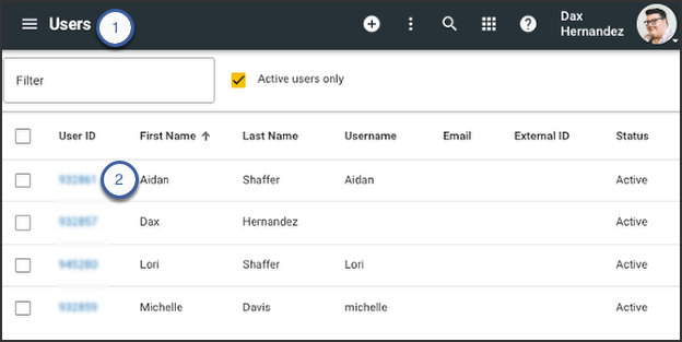  Screenshot of the Users screen.  A student ID is identified with the #2.