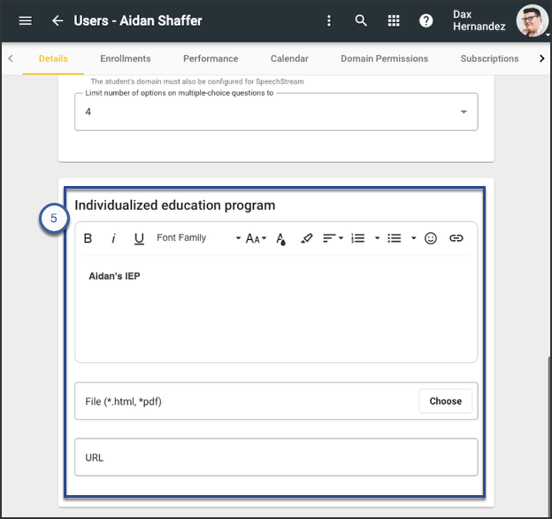Screencapture of the Users Details screen.  THe IEP area of this tool is highlighted