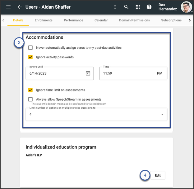 Screenshot of the Users Details screen.  The Accomodations area is highlighted