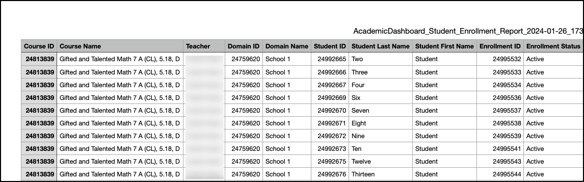 Screen capture of the Student Enrollments Report.  Example data is displayed for each category listed above. 