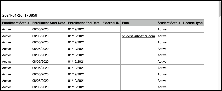 Second half of the screen capture of the Student Enrollments Report.  Example data is displayed for each category listed above.