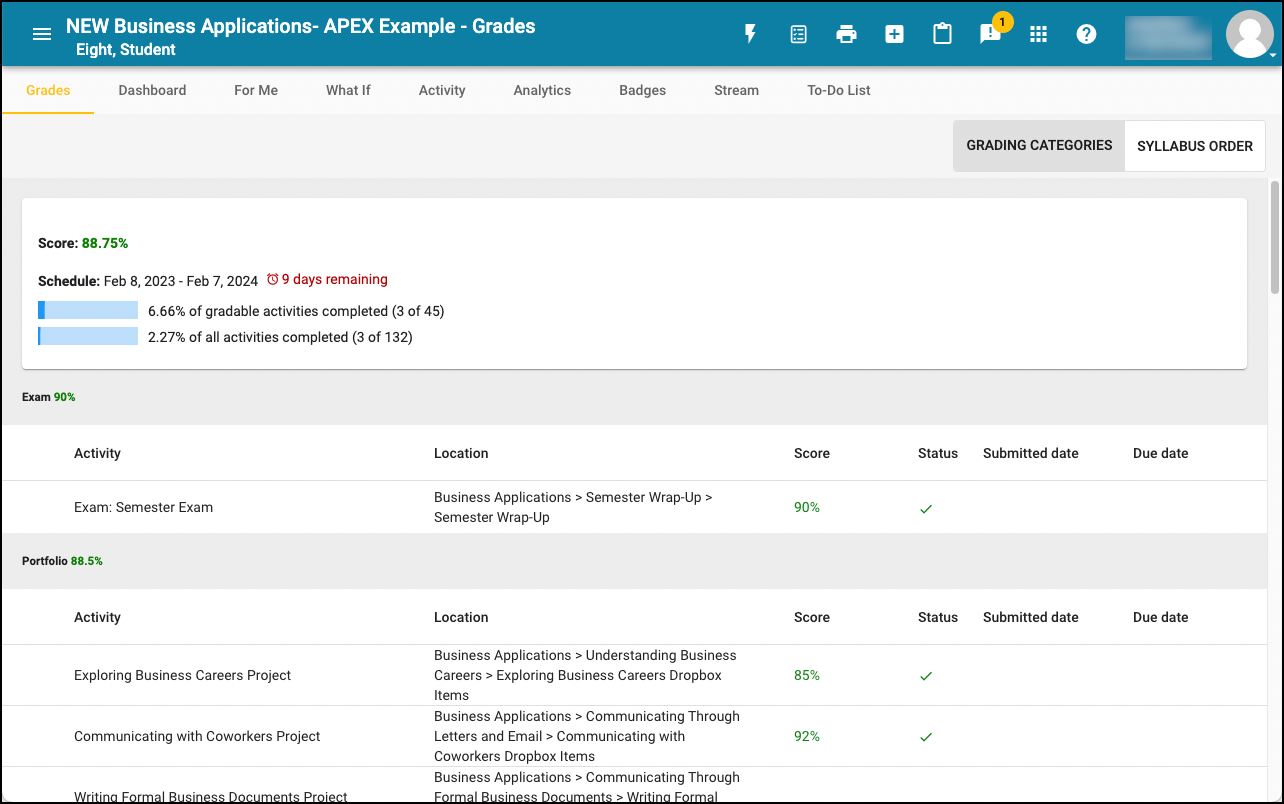 a Student's Course Gradebook displaying scores for individual activities