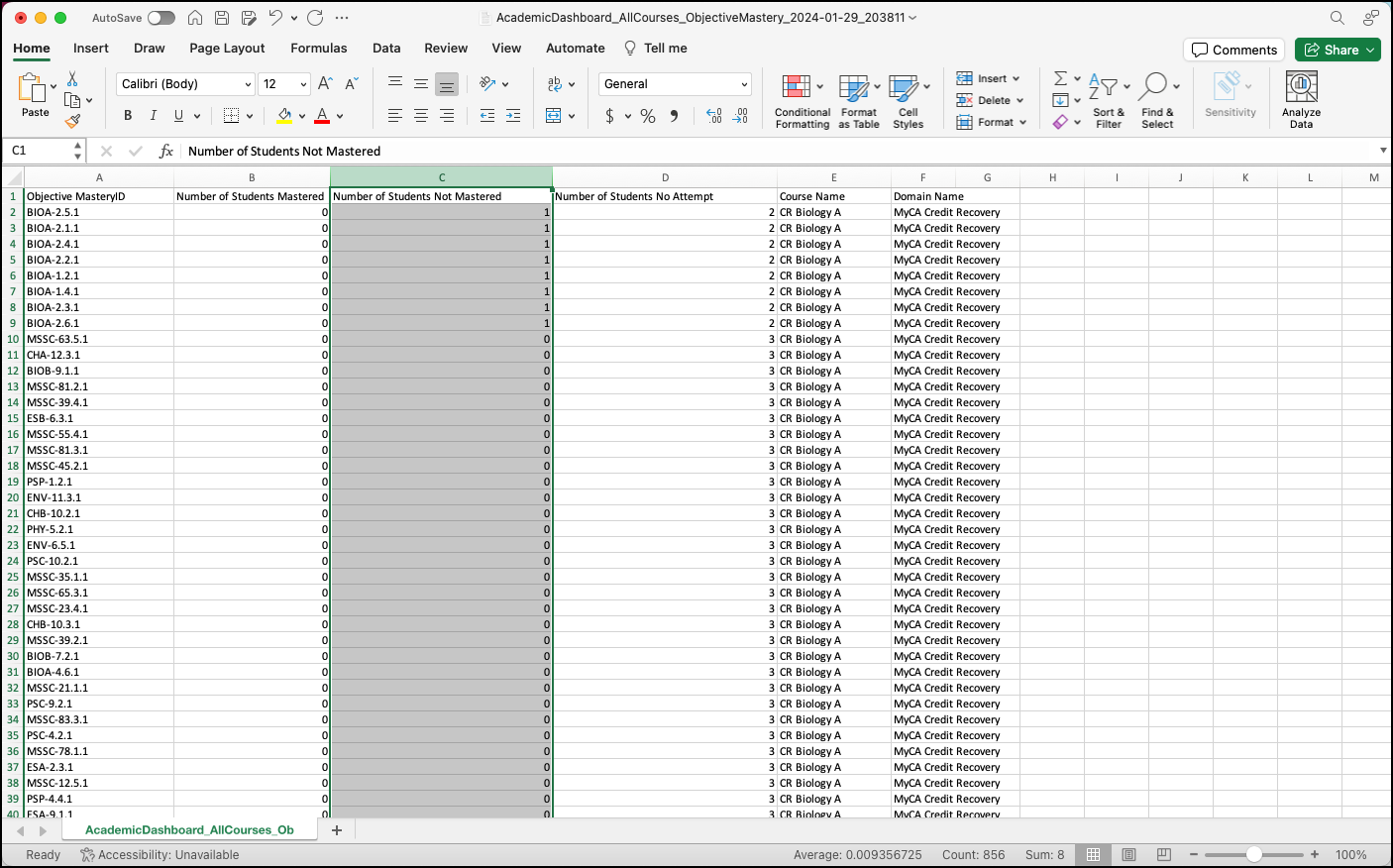 Example of report opened in Excel