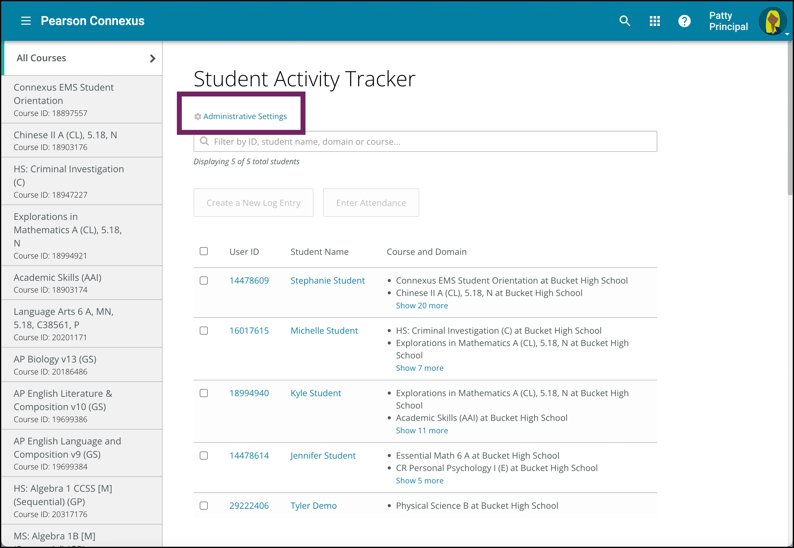 Screen capture of the Administrative Settings button under Student Activity Tracker
