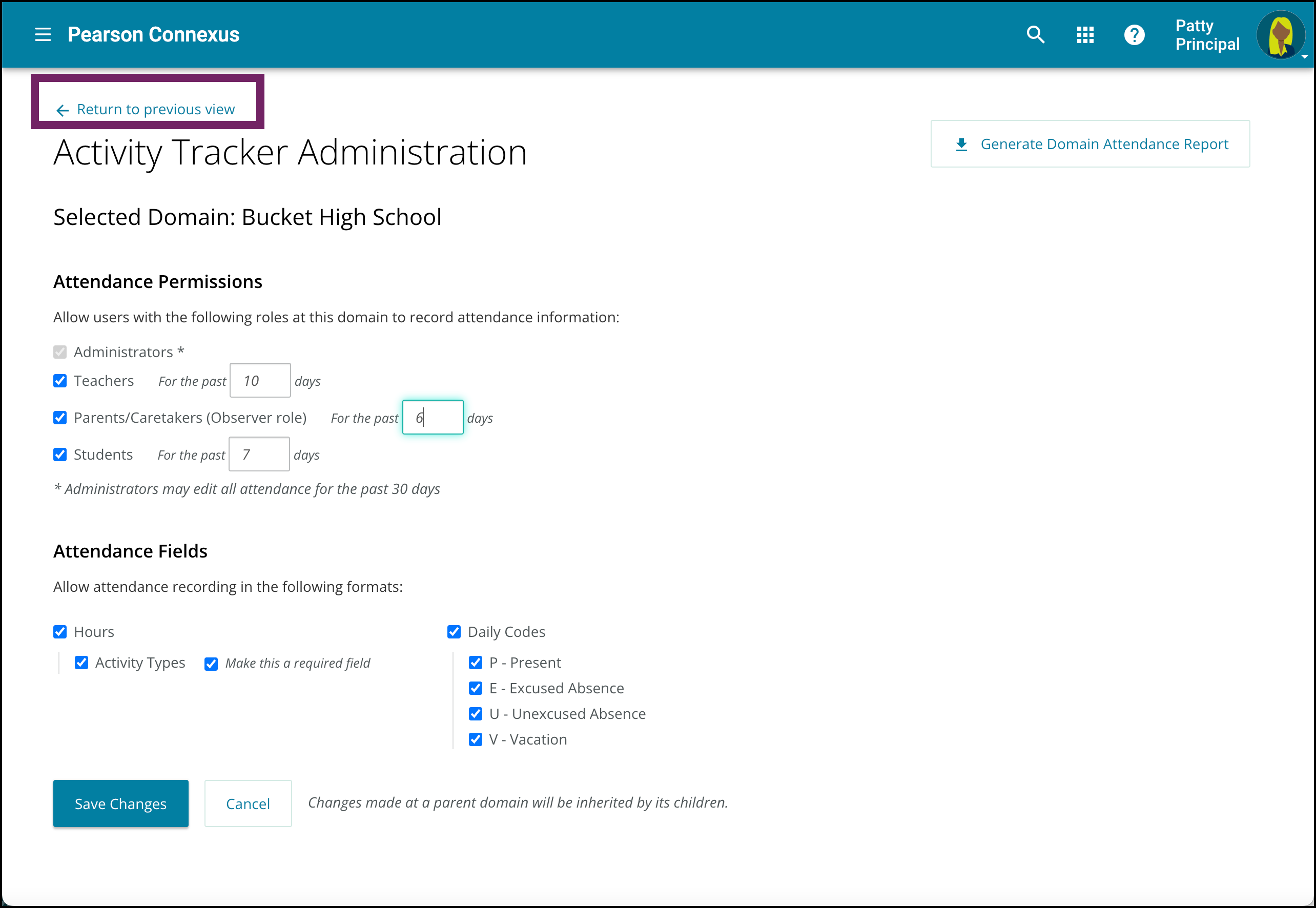 Screen capture of the Return to Previous link in the Activity Tracker.