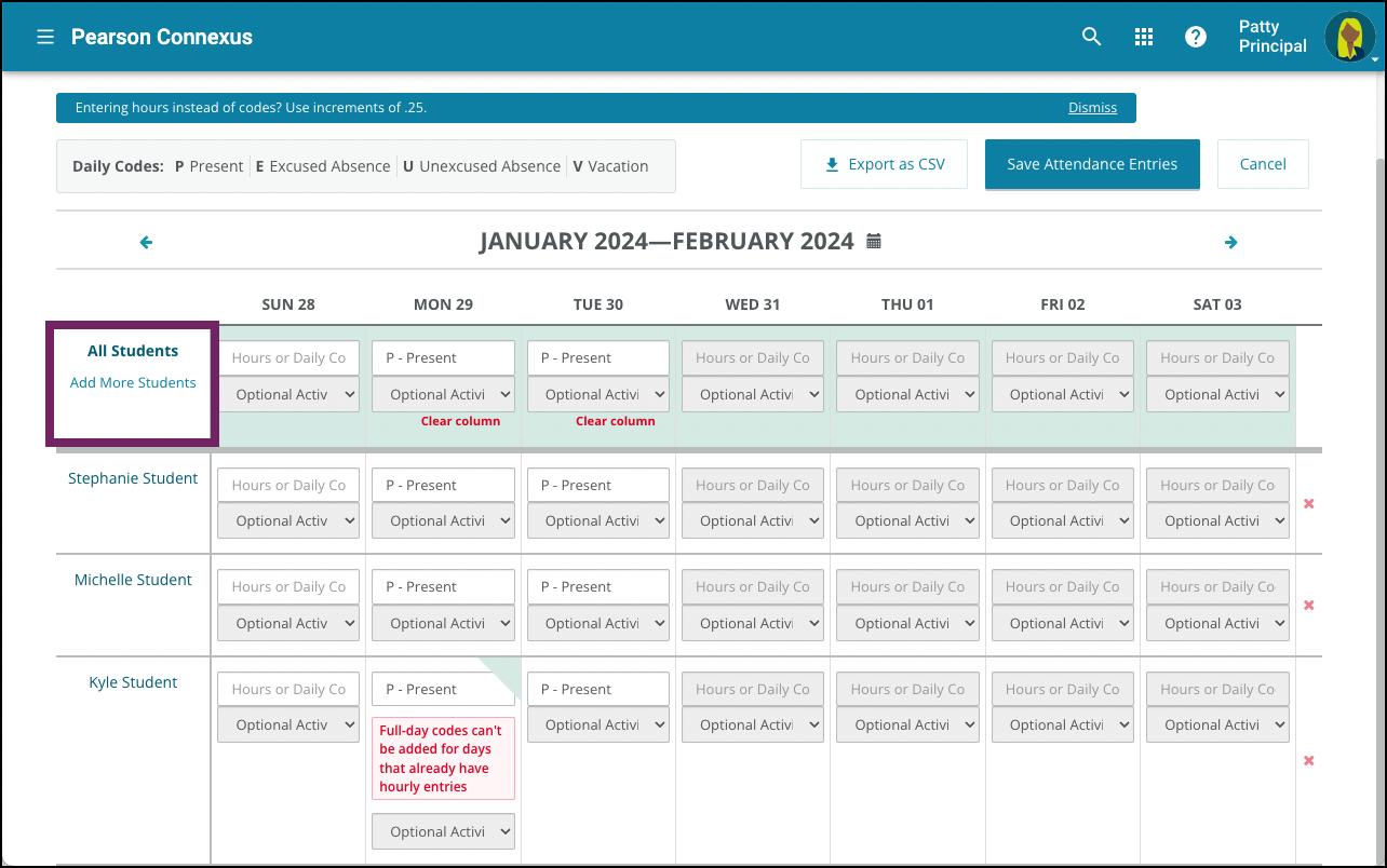 screenshot of a group of students with editable fields for entering attendance hours or codes.
