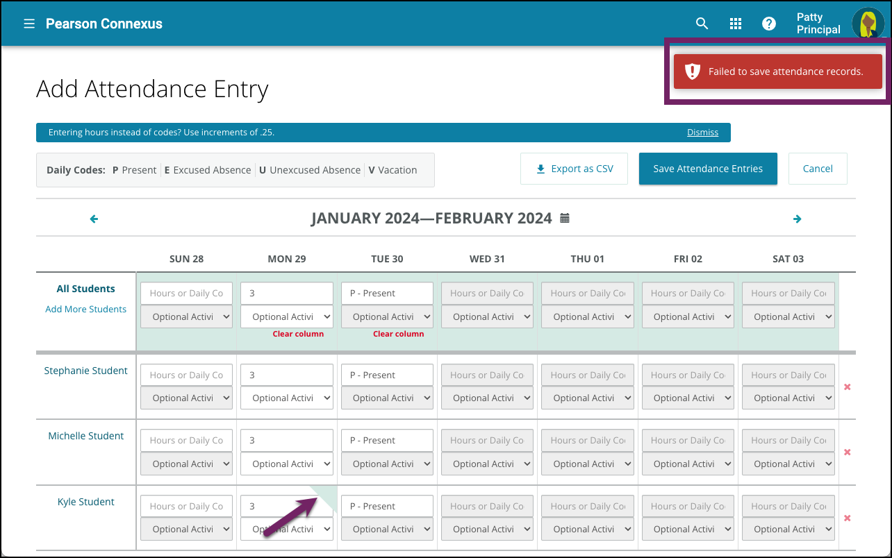 Screenshot of the message that appears if an entry does not save over a previous entry.