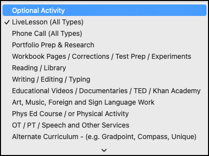 screenshot of the drop-down menu for Activity Type
