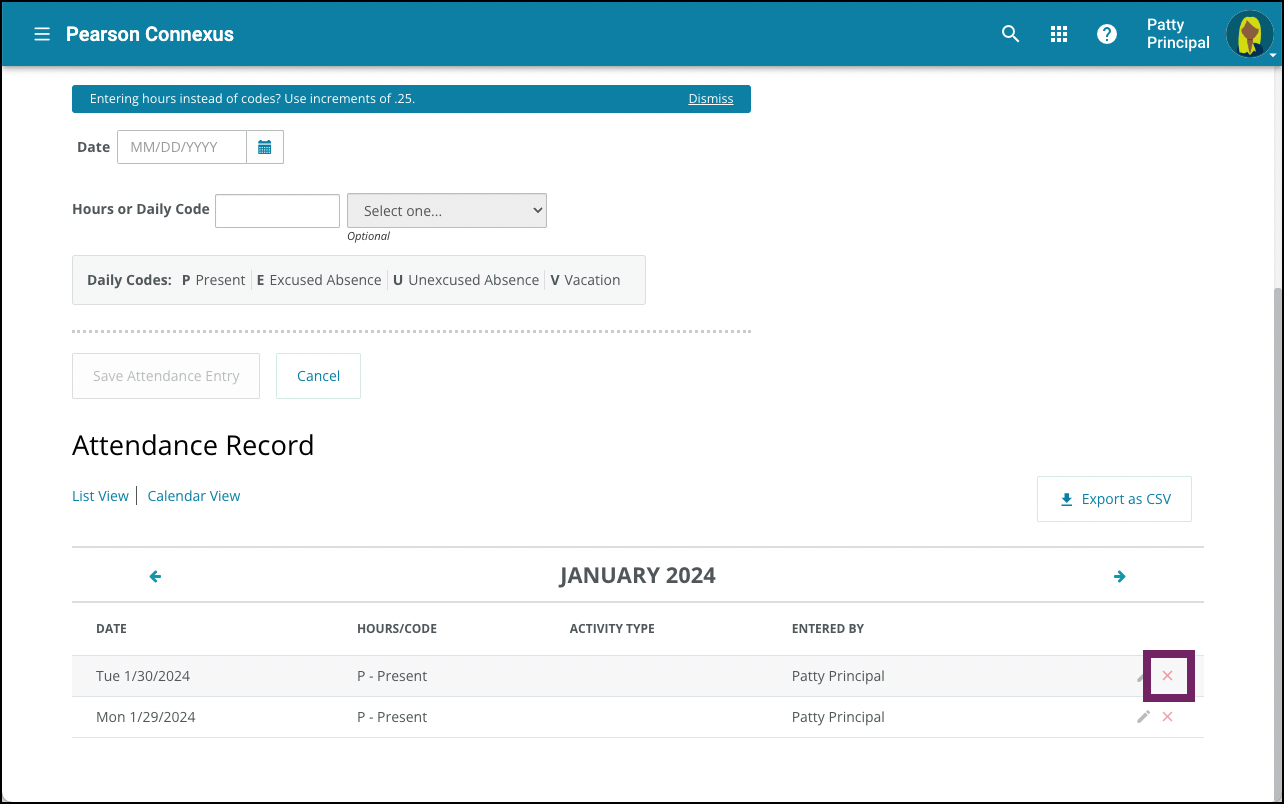 screenshot of a student's attendance entries.