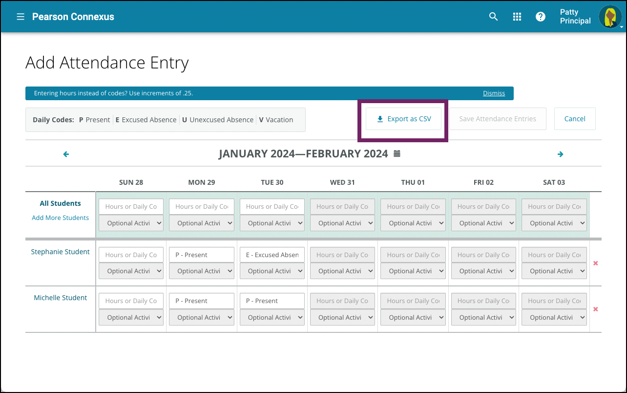 screenshot of the main Activity Tracker screen with multiple students selected.  The Attendance button is highlighted.