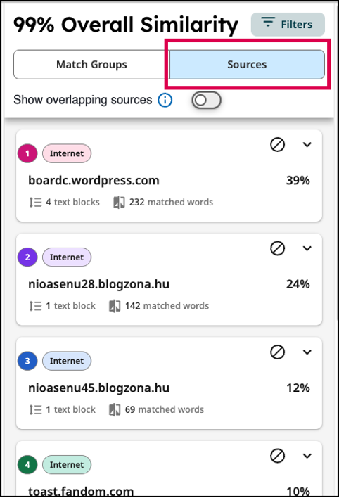 Screenshot of the Sources pane in the similiarity report. This pane contains a list of matches from across the internet with a match percentage for each one.