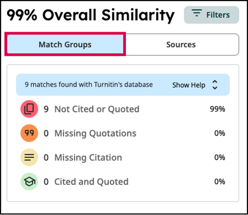  Screen capture of the Overall Similiatry window.  Match Groups is highlighted and selected to display the four categories based on usage of in-text citation and quotation marks.