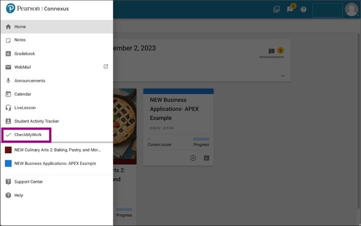 Screenshot of the Pearson Connexus landing page.  The Main Menus is expanded and CheckMyWork is highlighted. 