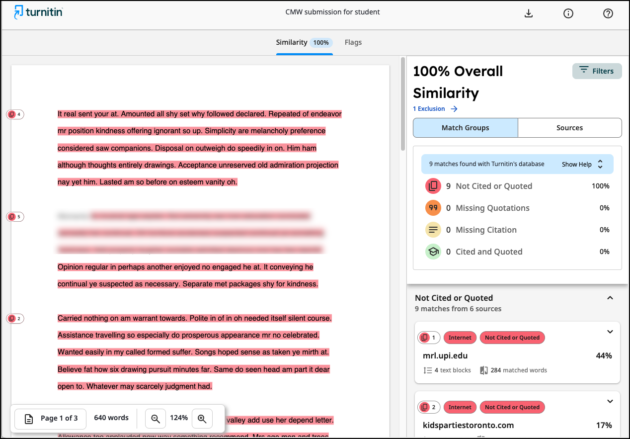 Screenshot of the Similarity report in Turnitin. The submitted work appears on the left hand side of the screen while the report information appears on the right.