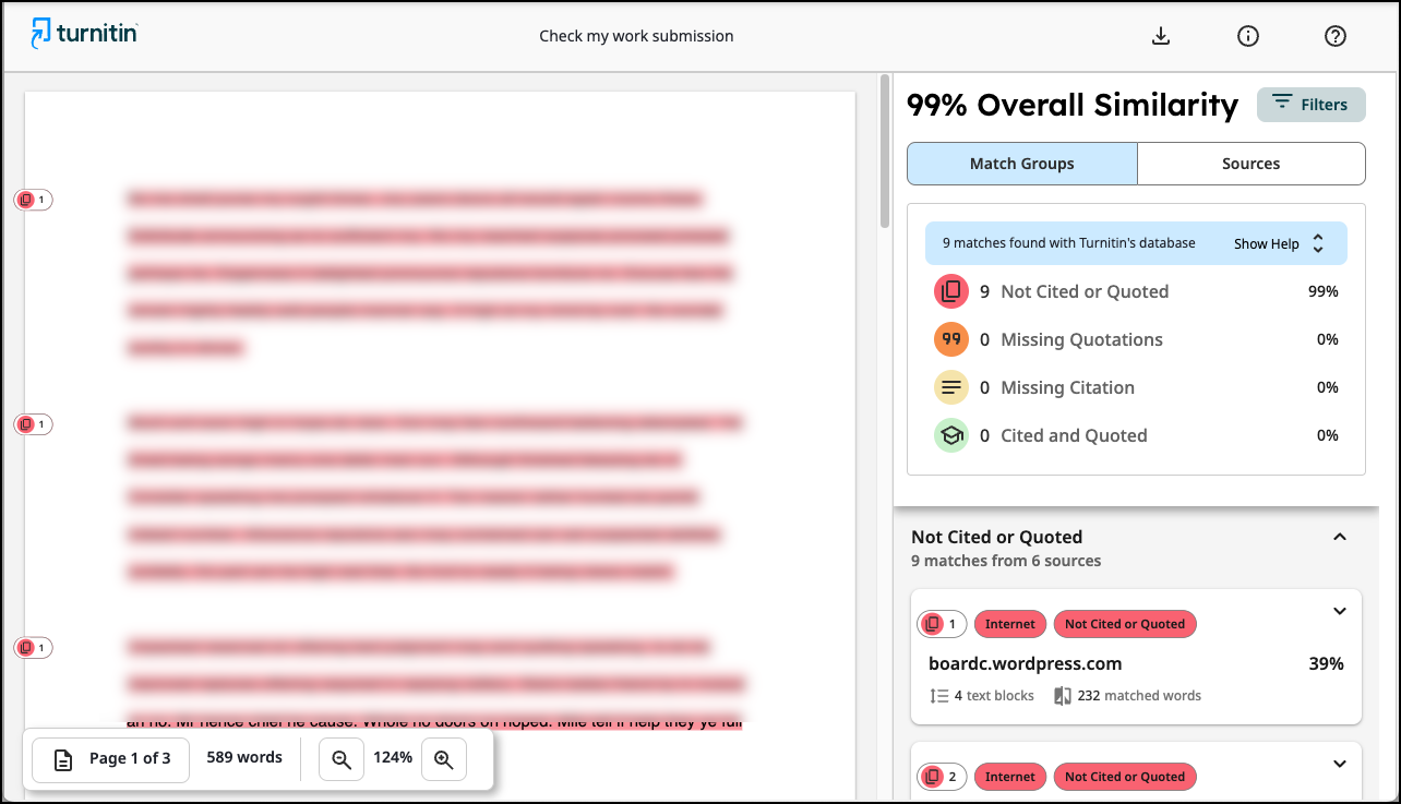 Screenshot of the Similiarity report. The submitted content appears on the left and report information is shown on the right.
